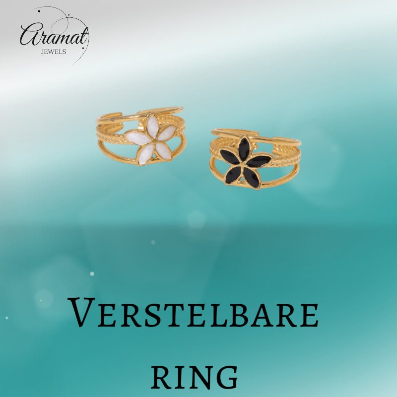 Goudkleurige Verstelbare Ring met Emaille Bloem - Triple Design (12 mm) - Aramat Jewels - Ringen - cadeautip
