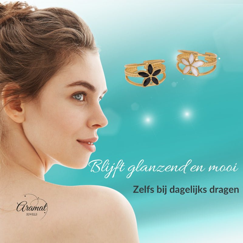 Goudkleurige Verstelbare Ring met Emaille Bloem - Triple Design (12 mm) - Aramat Jewels - Ringen - cadeautip