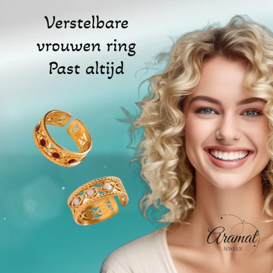 Goudkleurige Verstelbare RVS Ring met Emaille Boze Ogen - 7 mm - Aramat Jewels - Ringen - cadeautip