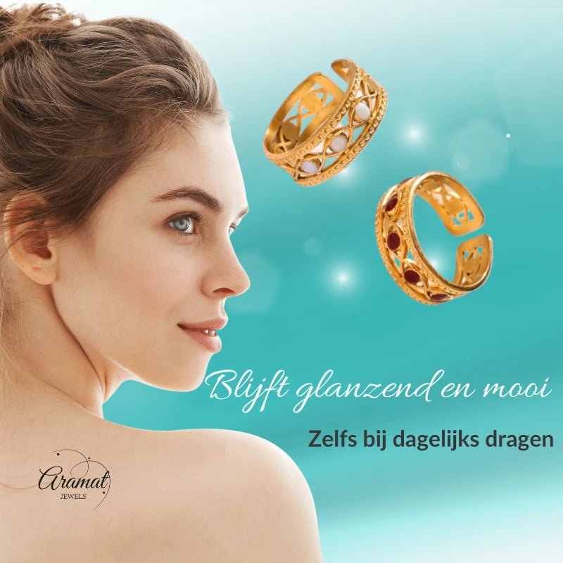 Goudkleurige Verstelbare RVS Ring met Emaille Boze Ogen - 7 mm - Aramat Jewels - Ringen - cadeautip
