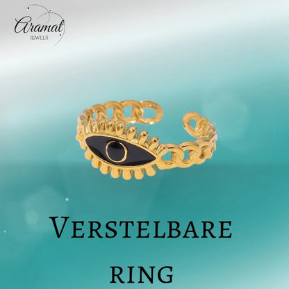 Goudkleurige Verstelbare RVS Ring met Zwart Emaille Boze Oog - 9 mm - Aramat Jewels - Ringen - cadeautip