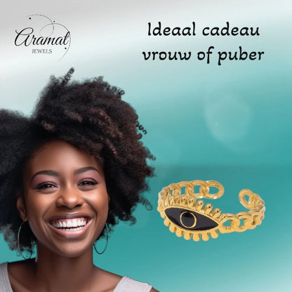 Goudkleurige Verstelbare RVS Ring met Zwart Emaille Boze Oog - 9 mm - Aramat Jewels - Ringen - cadeautip