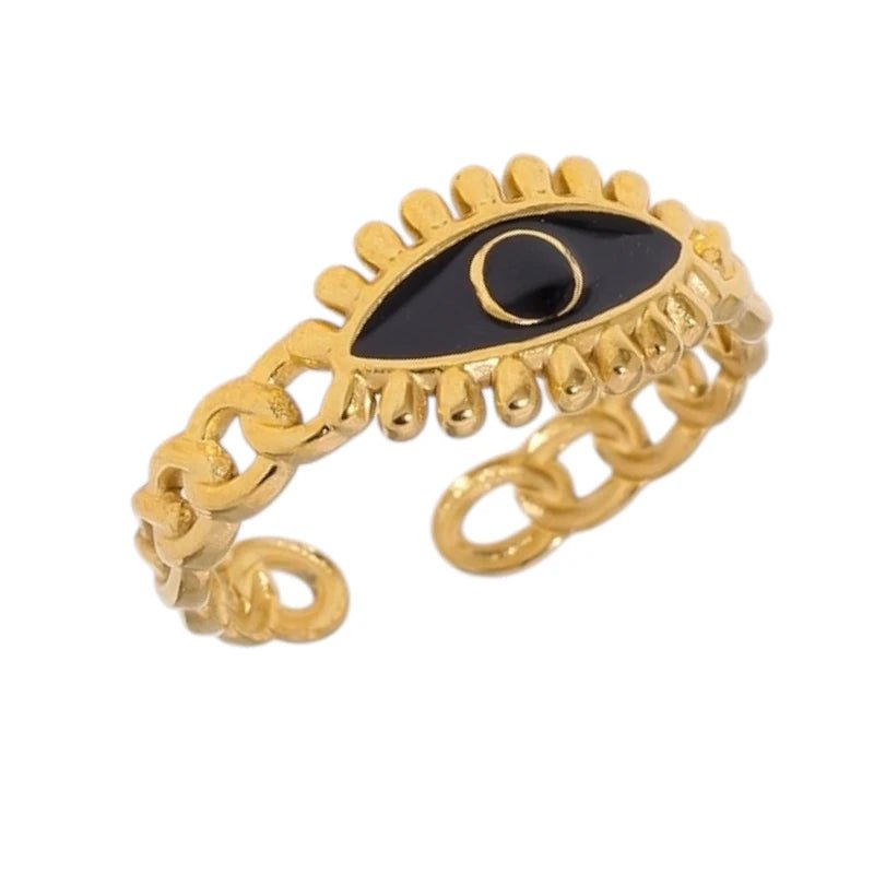 Goudkleurige Verstelbare RVS Ring met Zwart Emaille Boze Oog - 9 mm - Aramat Jewels - Ringen - cadeautip
