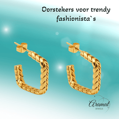 Goudkleurige Vierkante Oorringen Gourmetschakel 20x5mm RVS - Aramat Jewels - RVS Sieraden - Oorbellen - cadeautip