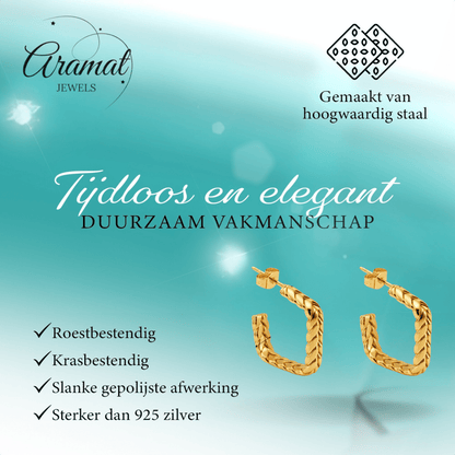 Goudkleurige Vierkante Oorringen Gourmetschakel 20x5mm RVS - Aramat Jewels - RVS Sieraden - Oorbellen - cadeautip