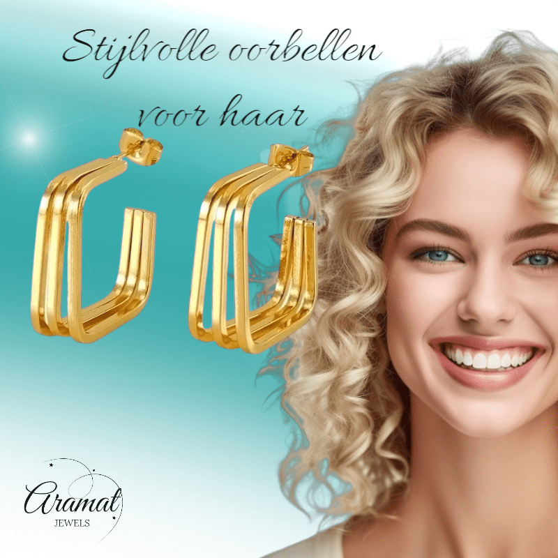 Goudkleurige Vierkante Triple Oorstekers 25mm - oor6380 - 69935 - Oorbellen kopen# - 25mm - alles - cadeau