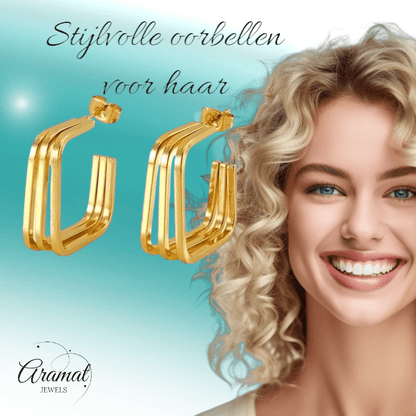 Goudkleurige Vierkante Triple Oorstekers 25mm - oor6380 - 69935 - Oorbellen kopen# - 25mm - alles - cadeau