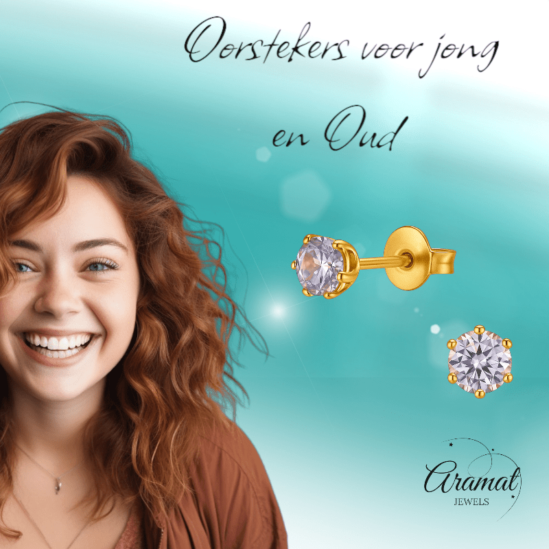 Goudkleurige Zirkonia Oorbellen 4mm Lila - Aramat Jewels - Oorbellen - cadeautip