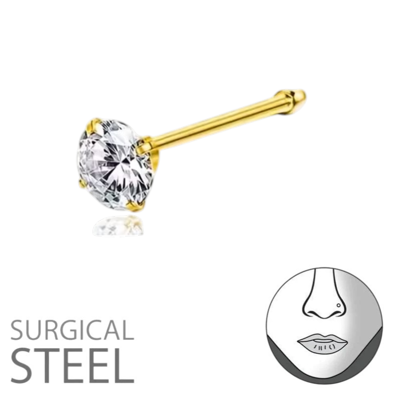Neuspiercing Transparante Zirkonia 3mm Goudkleurig – Recht Staafje Staal