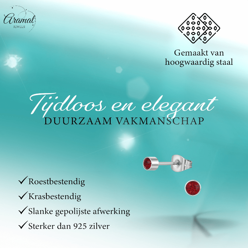 Granaatrood kristal oorstekers – 4mm zilver RVS - Aramat Jewels - Oorbellen - cadeautip