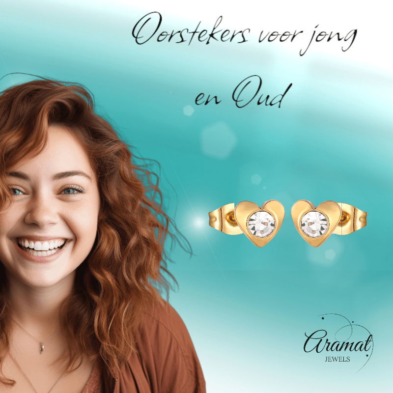Hartjes oorstekers goudkleur – transparant kristal 8mm - Aramat Jewels - Oorbellen - cadeautip