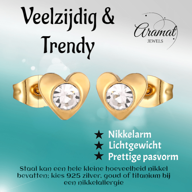 Hartjes oorstekers goudkleur – transparant kristal 8mm - Aramat Jewels - Oorbellen - cadeautip