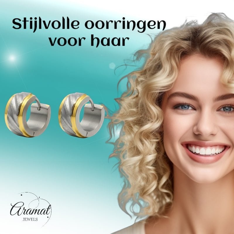 Huggies – Bicolor RVS Gediamanteerd Design (Goudkleur & Zilverkleur) - Aramat Jewels - Oorringen - cadeautip