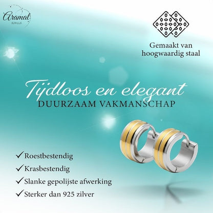 Huggies – RVS Bicolor met Dubbele Goudkleurige Streep (13mm) - Aramat Jewels - Oorringen - cadeautip