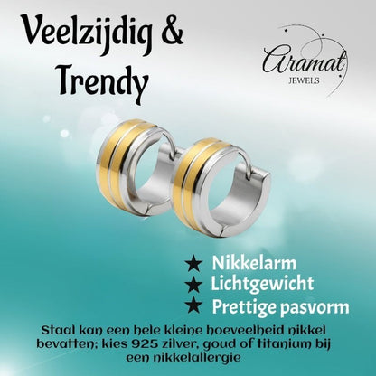 Huggies – RVS Bicolor met Dubbele Goudkleurige Streep (13mm) - Aramat Jewels - Oorringen - cadeautip