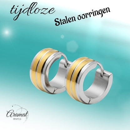 Huggies – RVS Bicolor met Dubbele Goudkleurige Streep (13mm) - Aramat Jewels - Oorringen - cadeautip