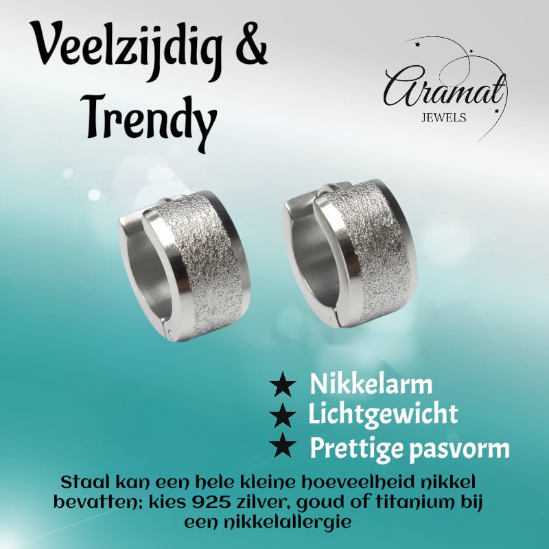 Huggies – RVS Sandblasted Zilverkleur (13mm) - Aramat Jewels - Oorringen - cadeautip