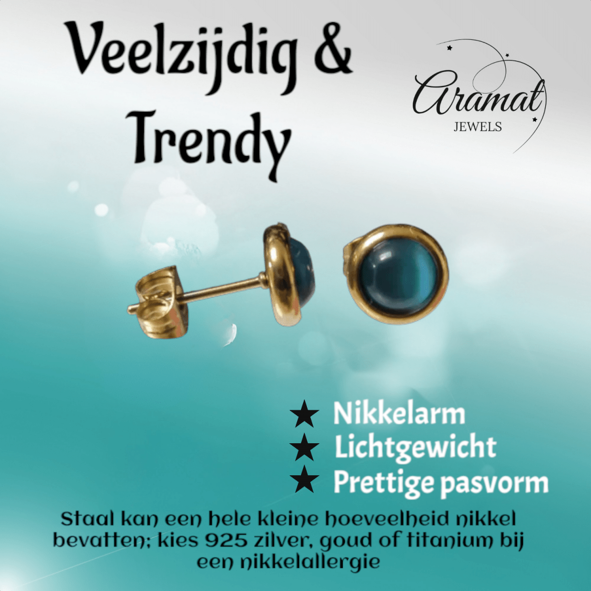 Kattenoog Oorbellen 8mm – Blauw - Goudkleurig - Aramat Jewels - Oorbellen - cadeautip