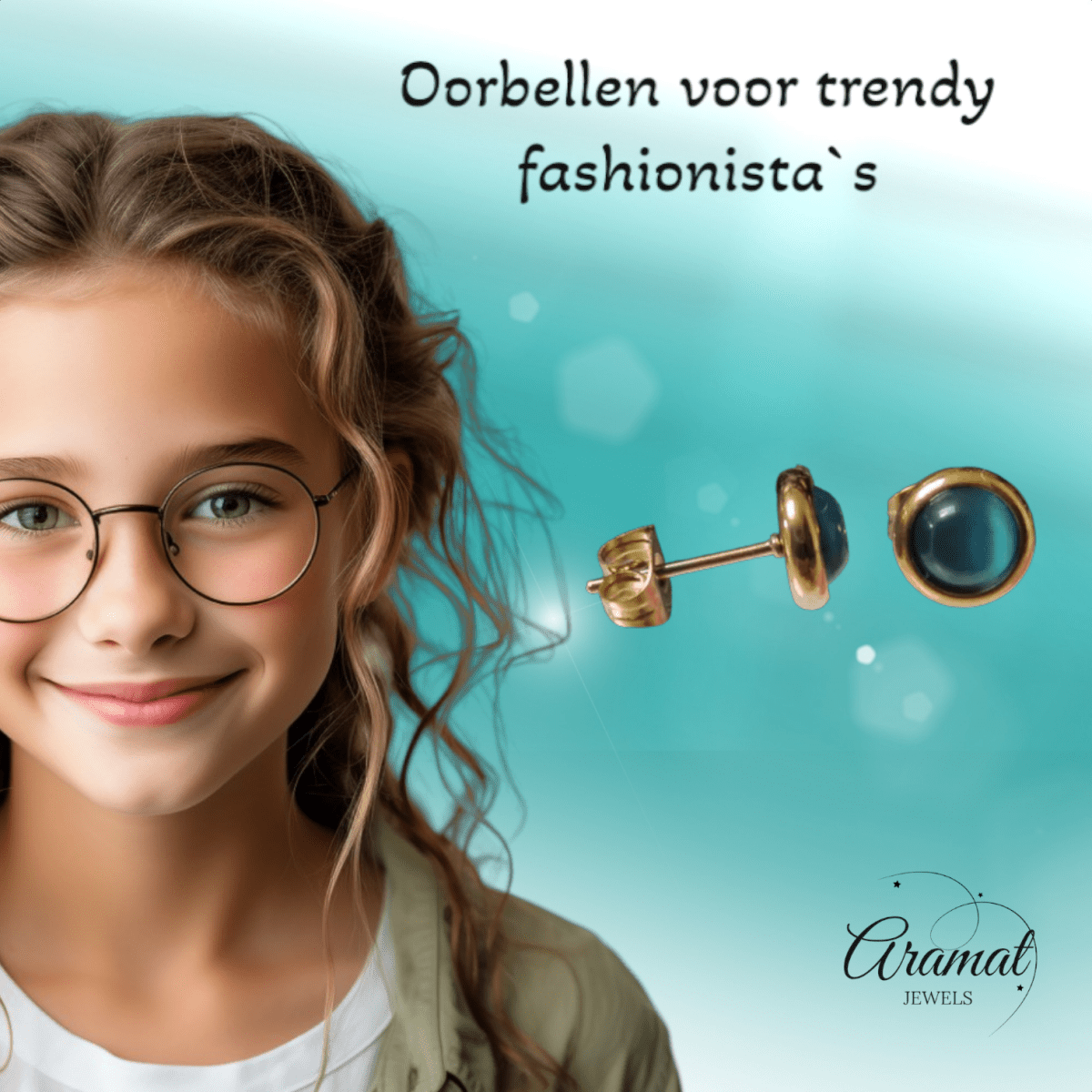 Kattenoog Oorbellen 8mm – Blauw - Goudkleurig - Aramat Jewels - Oorbellen - cadeautip