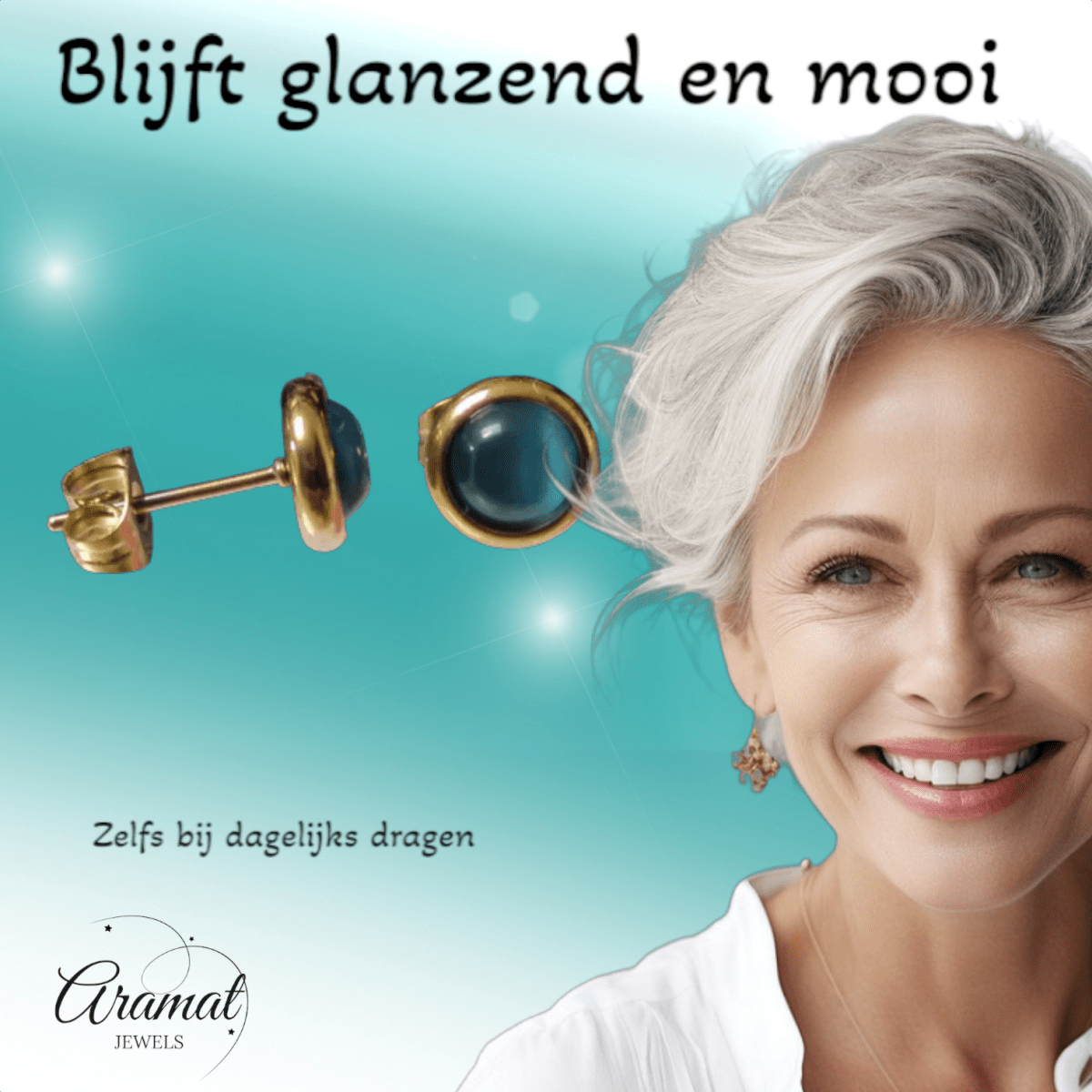 Kattenoog Oorbellen 8mm – Blauw - Goudkleurig - Aramat Jewels - Oorbellen - cadeautip