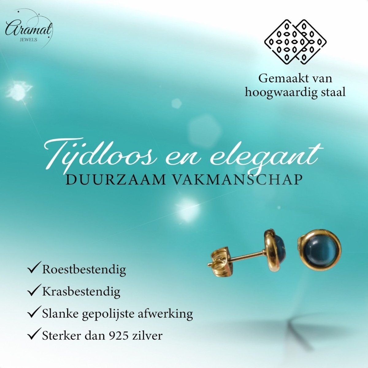 Kattenoog Oorbellen 8mm – Blauw - Goudkleurig - Aramat Jewels - Oorbellen - cadeautip