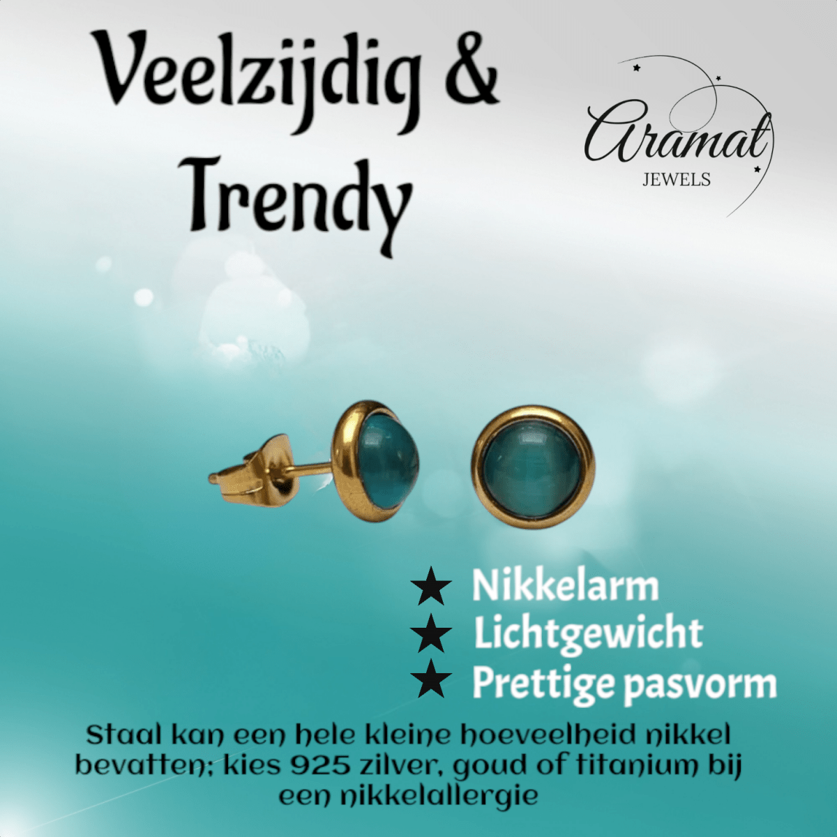 Kattenoog Oorbellen 8mm – Blauw/Groen Goudkleurig - Aramat Jewels - Oorbellen - cadeautip