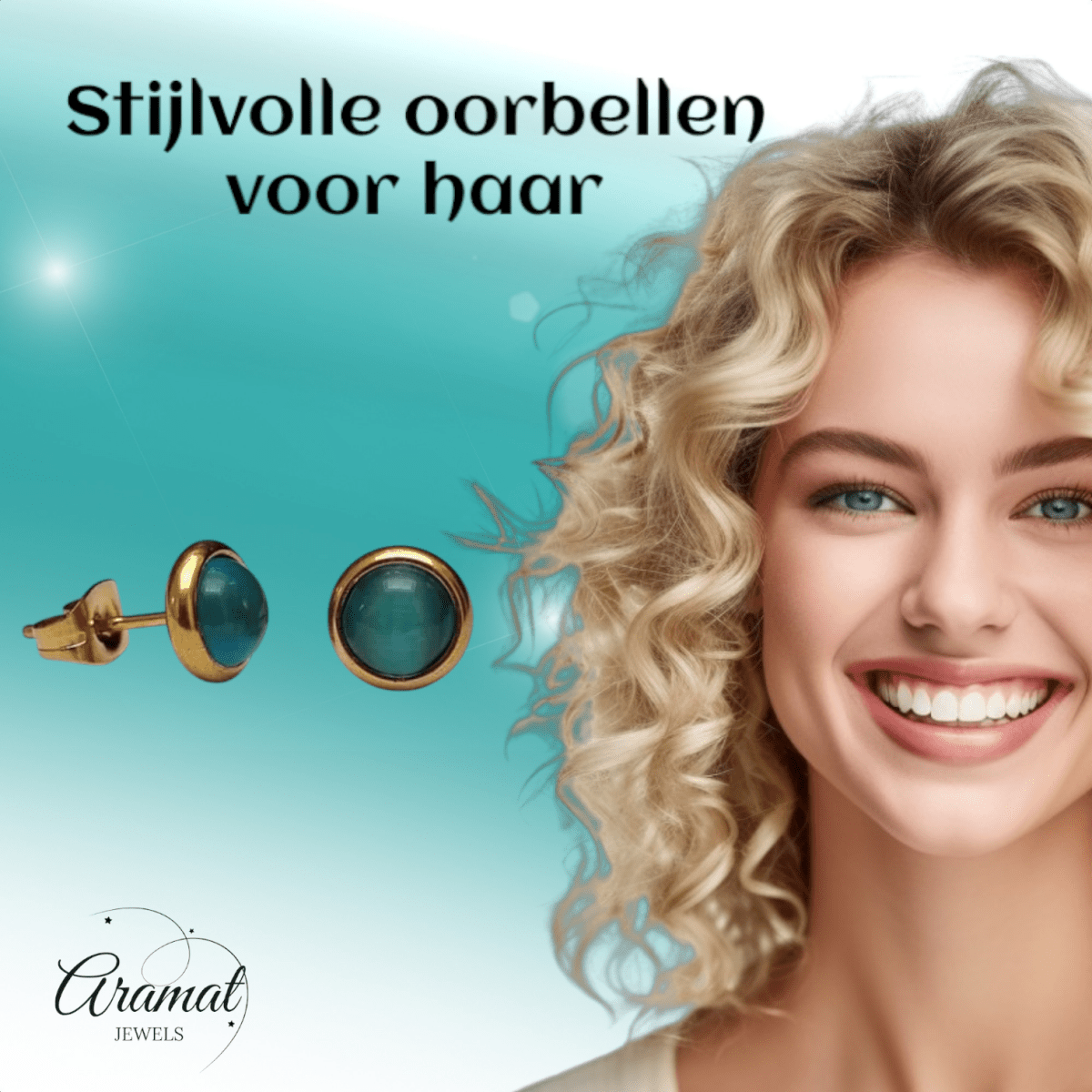 Kattenoog Oorbellen 8mm – Blauw/Groen Goudkleurig - Aramat Jewels - Oorbellen - cadeautip
