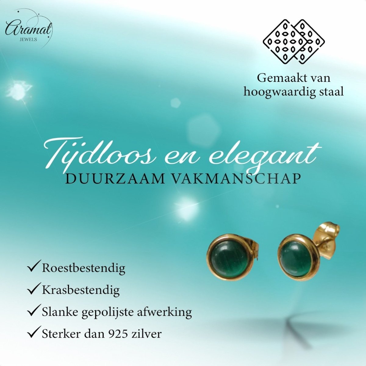 Kattenoog Oorbellen 8mm – Groen - Goudkleurig - Aramat Jewels - Oorbellen - cadeautip