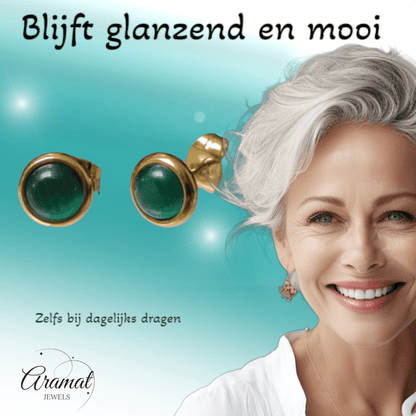 Kattenoog Oorbellen 8mm – Groen - Goudkleurig - Aramat Jewels - Oorbellen - cadeautip