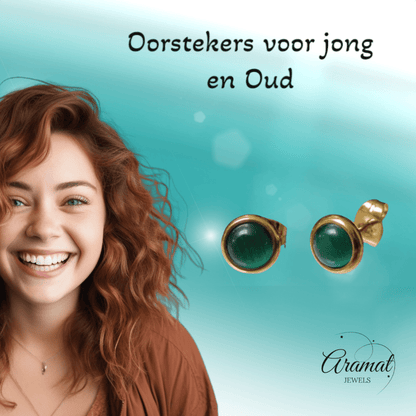 Kattenoog Oorbellen 8mm – Groen - Goudkleurig - Aramat Jewels - Oorbellen - cadeautip