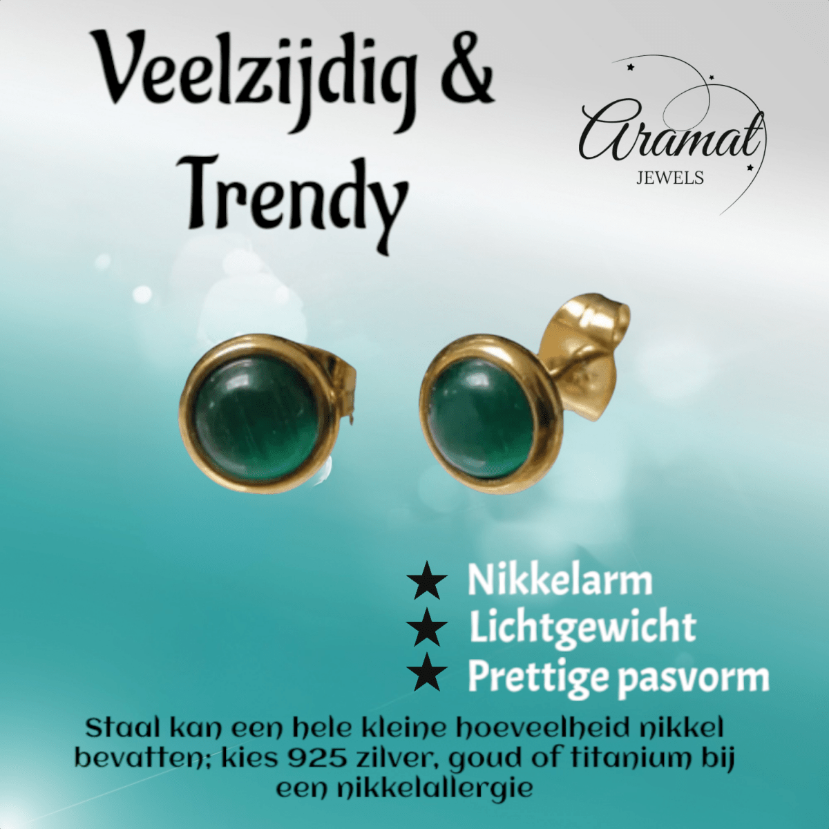Kattenoog Oorbellen 8mm – Groen - Goudkleurig - Aramat Jewels - Oorbellen - cadeautip