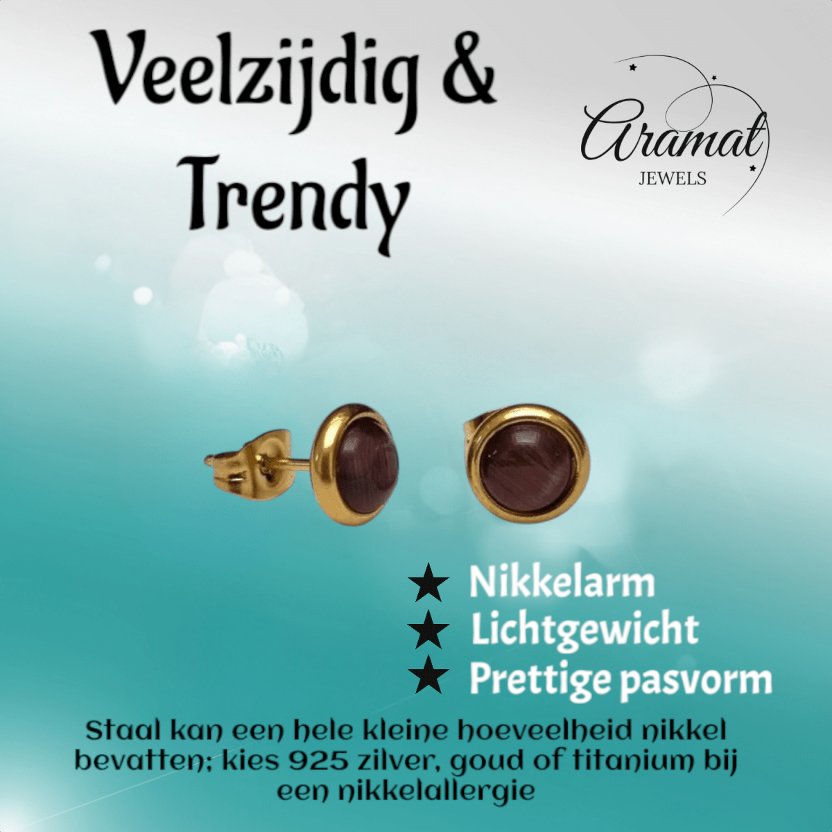 Kattenoog Oorbellen 8mm – Paars Goudkleurig - Aramat Jewels - Oorbellen - cadeautip
