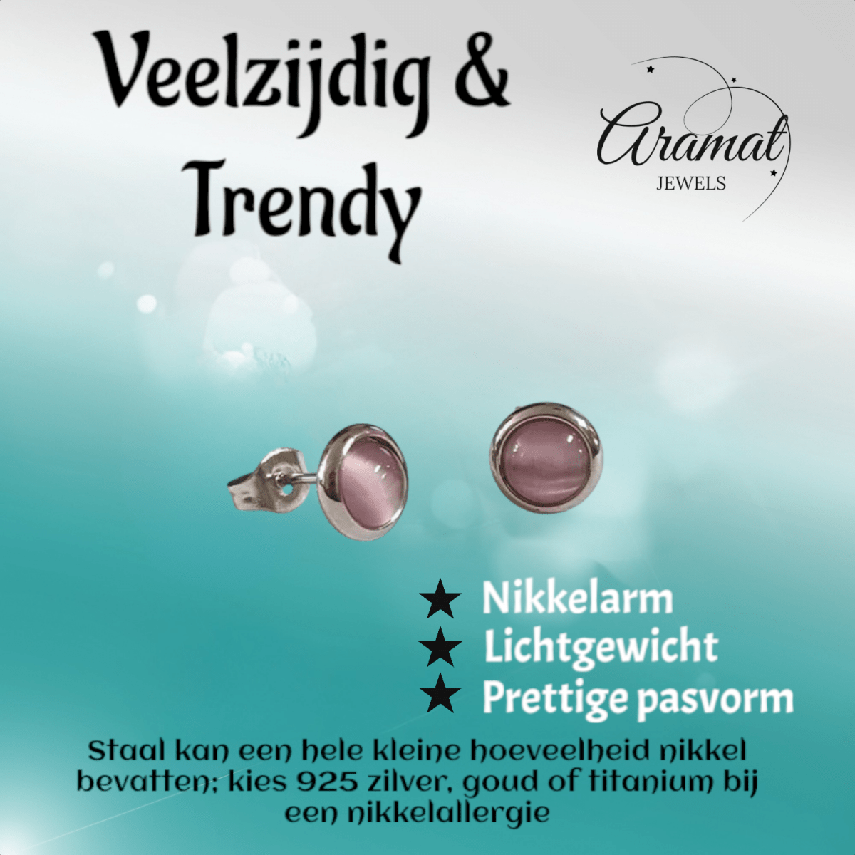Kattenoog Oorbellen 8mm – Roze - Aramat Jewels - Oorbellen - cadeautip