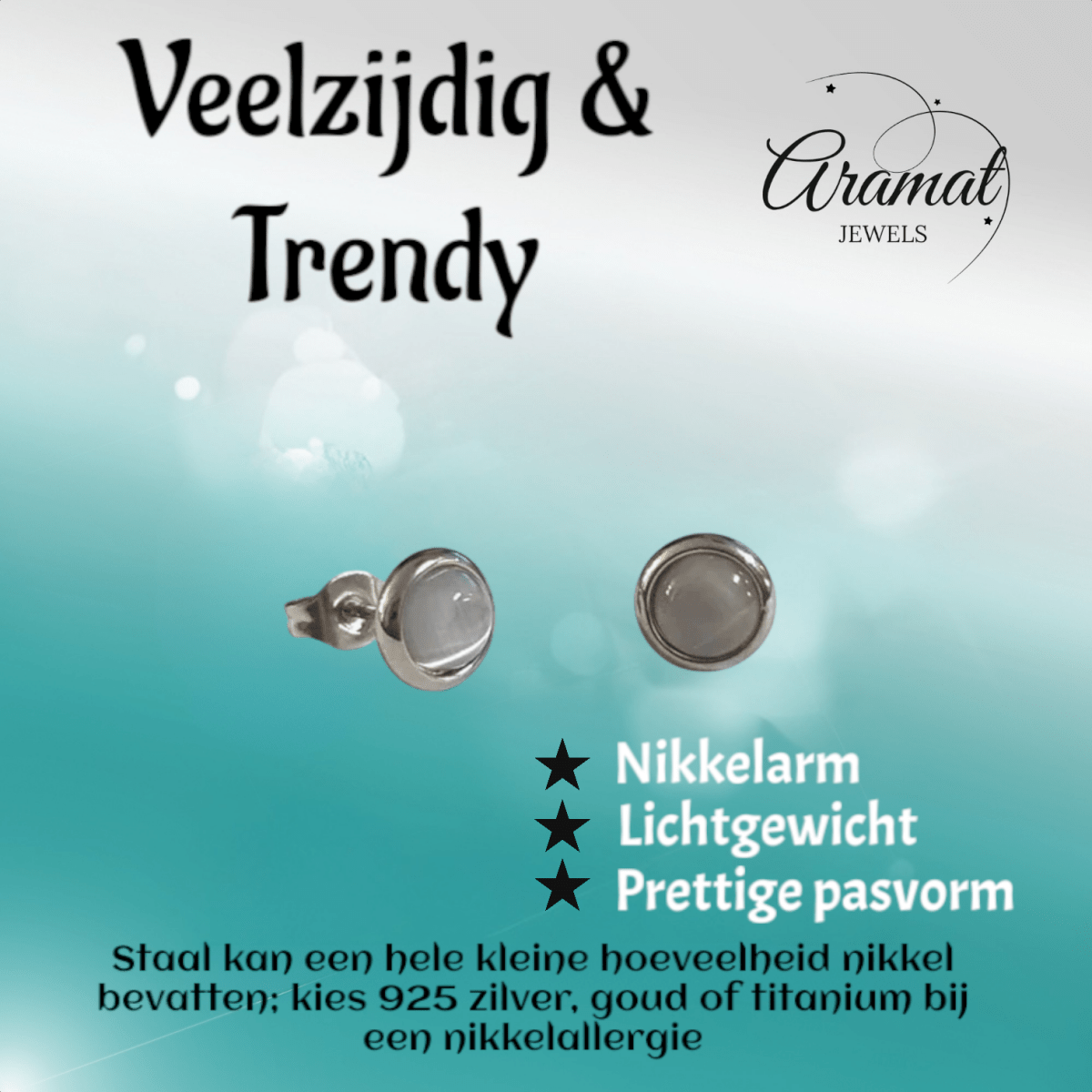 Kattenoog Oorbellen 8mm – Wit - Aramat Jewels - Oorbellen - cadeautip