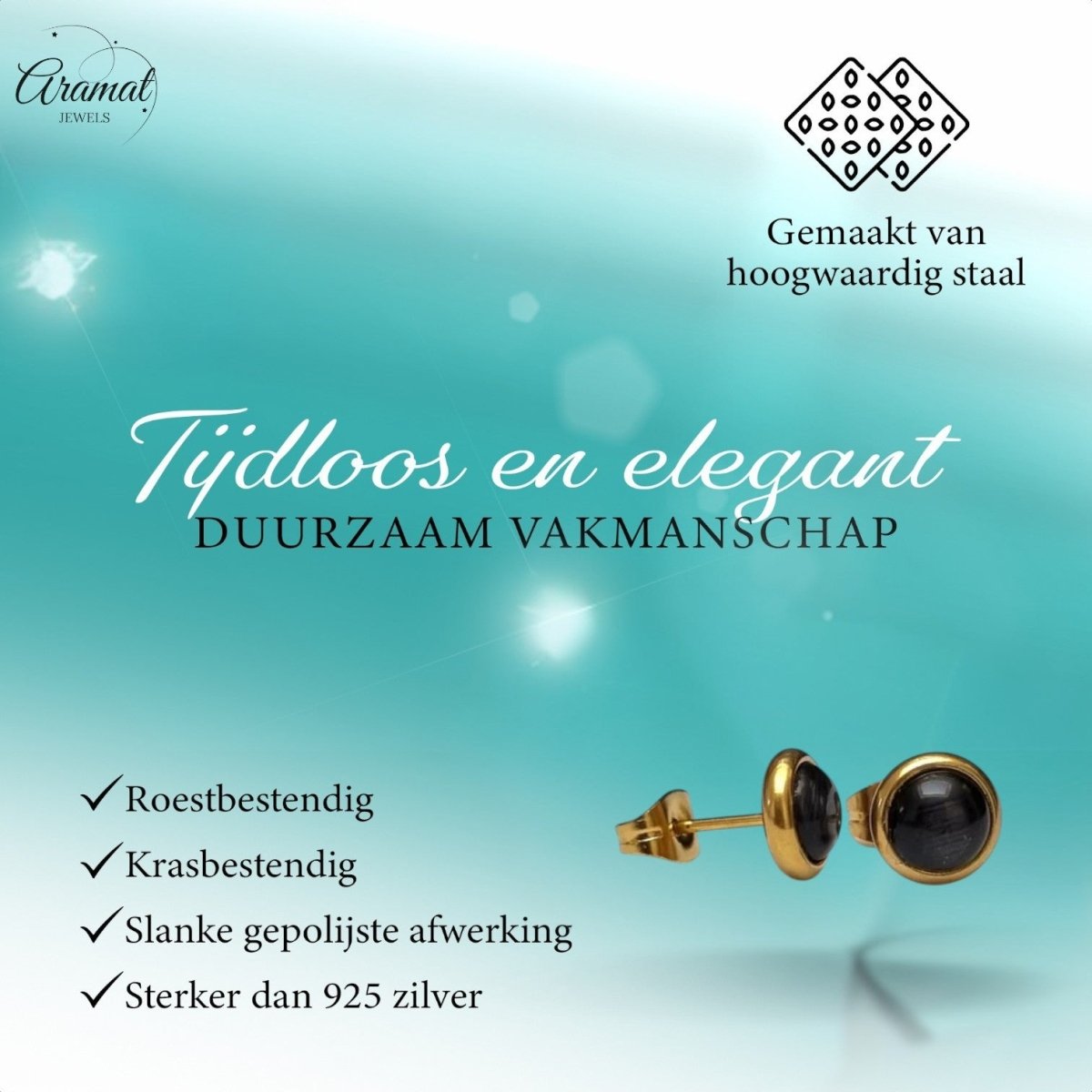 Kattenoog Oorbellen 8mm – Zwart Goudkleurig - Aramat Jewels - Oorbellen - cadeautip