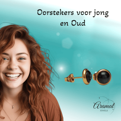 Kattenoog Oorbellen 8mm – Zwart Goudkleurig - Aramat Jewels - Oorbellen - cadeautip