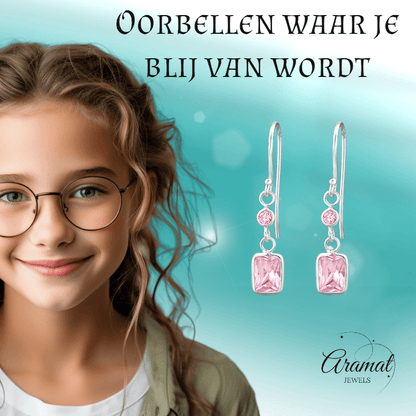 Kinder Oorhangers Roze Zirkonia - 925 Zilver - oor2465 - 27701 - Oorhangers kopen# - 25mm - 925 Zilver - alles