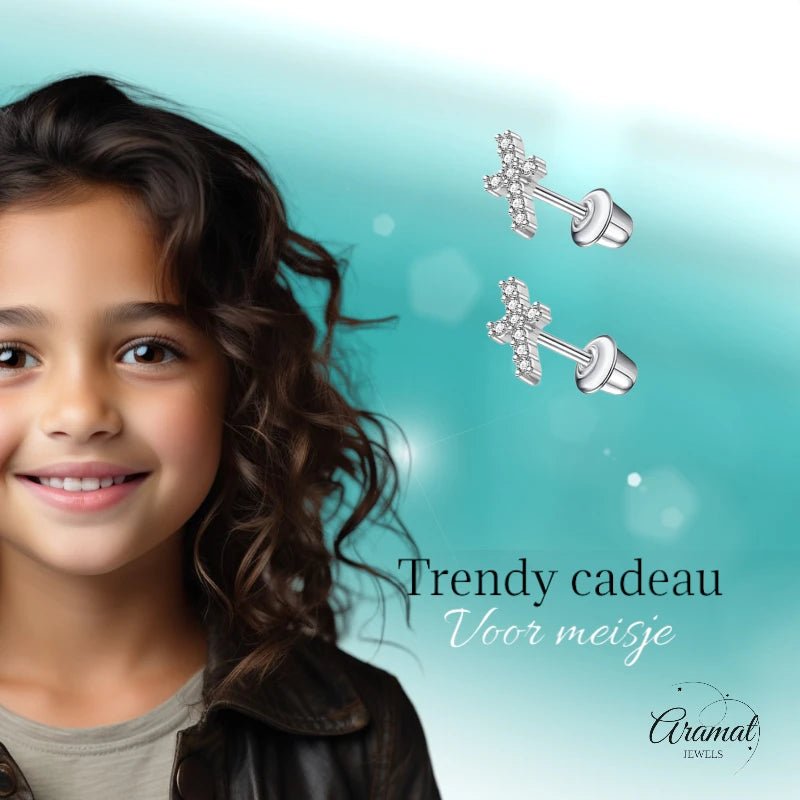 Kinderoorbellen RVS Kruisje met Zirkonia – 9x5mm – Schroefsluiting - oor6268 - 72434 - Oorbellen kopen# - 9mm - alles - bolletjes