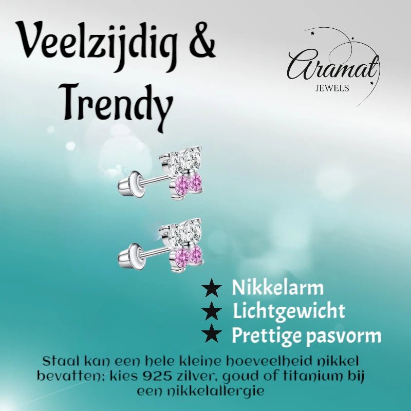 Kinderoorbellen RVS Vlinder met Zirkonia – 5x6mm – Schroefsluiting - oor6269 - 72435 - Oorbellen kopen# - 5mm - alles - bolletjes