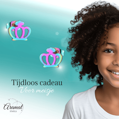 Kleurrijke RVS Kroontjes Oorbellen – Multikleur (9mm) - Aramat Jewels - Oorbellen - cadeautip