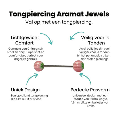 Aramat Jewels steel tongue piercing with pink, white, and green acrylic weed leaf design on the balls.
