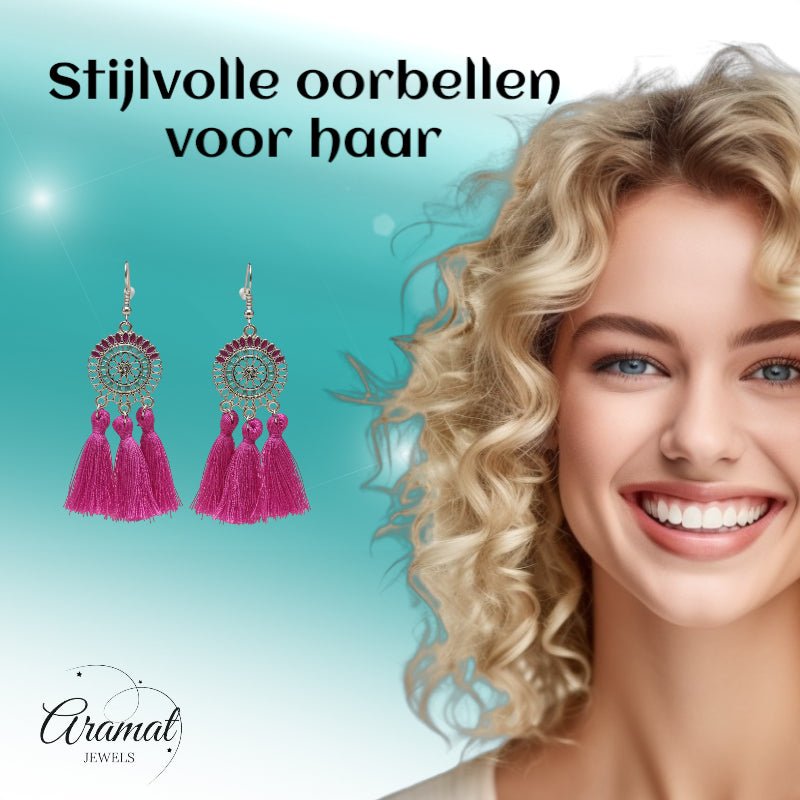 Kwastjes oorhangers boho stijl paars - Aramat Jewels - Oorbellen - cadeautip
