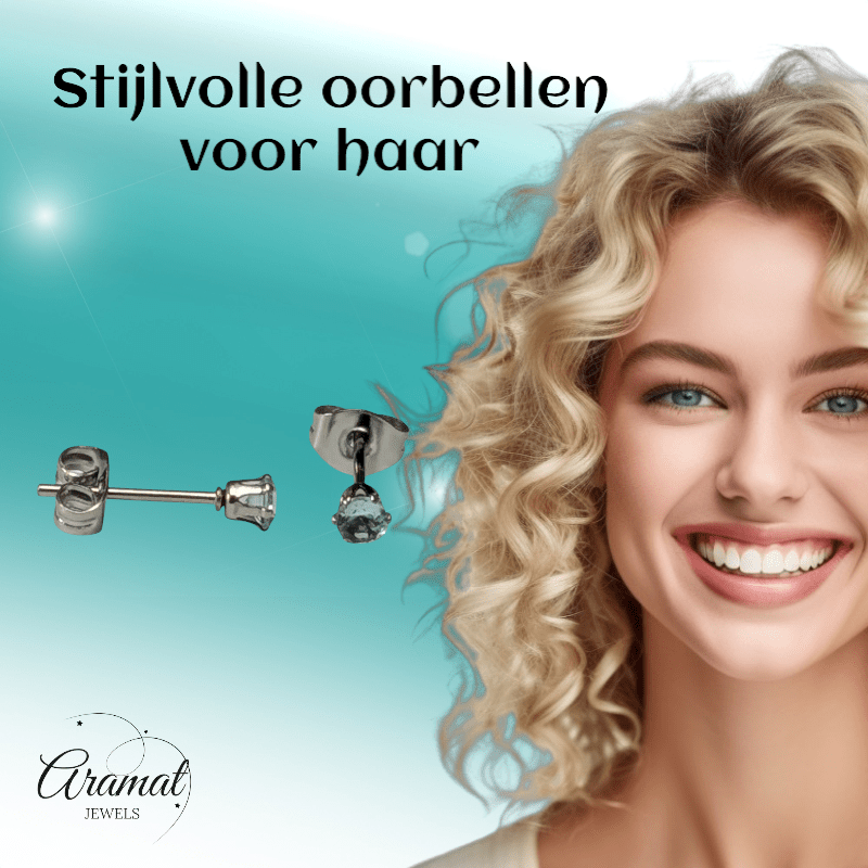Lichtblauwe Zirkonia Oorbellen – 3mm – RVS - Aramat Jewels - Oorbellen - cadeautip