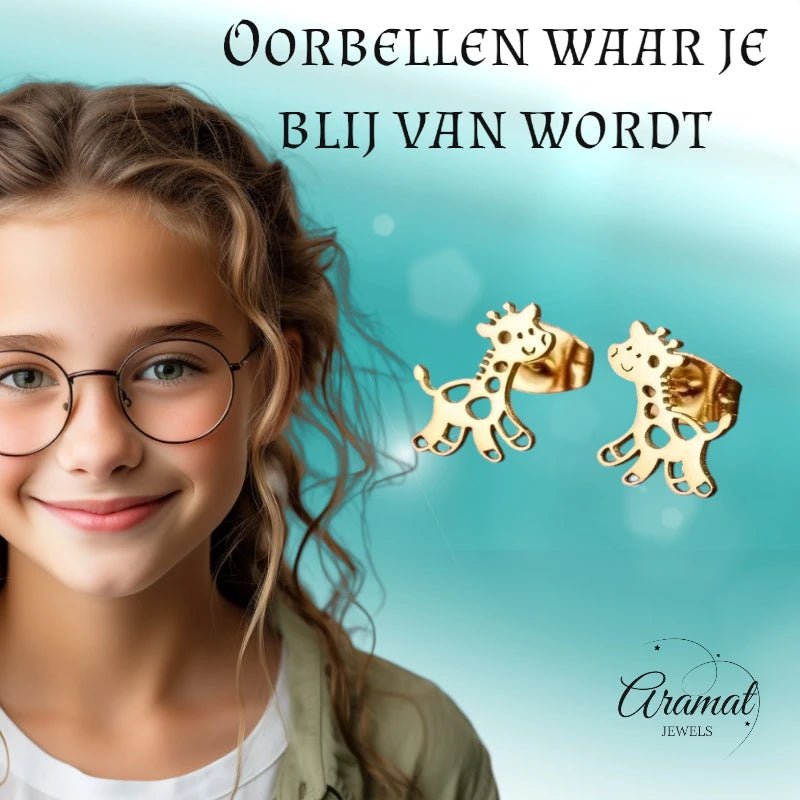 Meisjes oorbellen giraf goudkleurig RVS - oor6388 - 515397 - Oorbellen kopen# - 10mm - alles - cadeau
