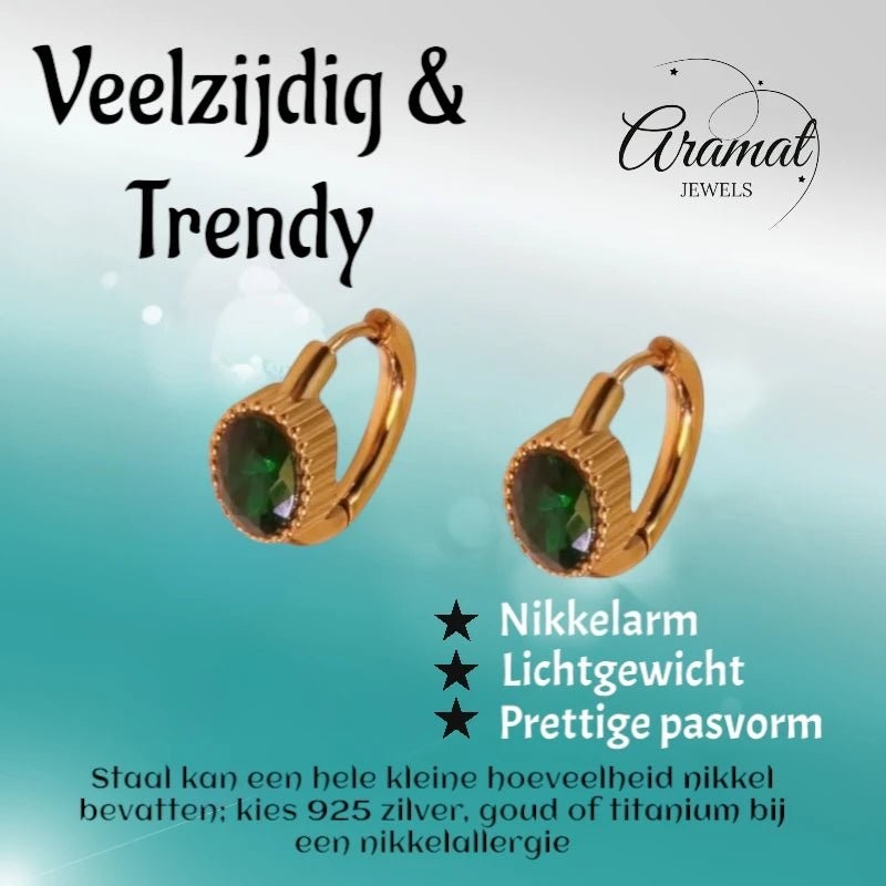 Mini Goudkleurige Oorringen – Groene Zirkonia – 15mm - oor6329 - 642322 - Oorringen kopen# - 15mm - alles - cadeau