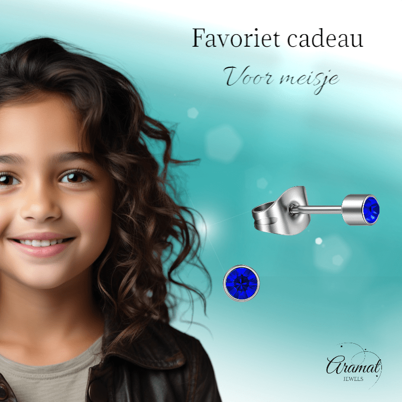 Mini kristal oorstekers blauw – 3mm zilverkleur - Aramat Jewels - Oorbellen - cadeautip