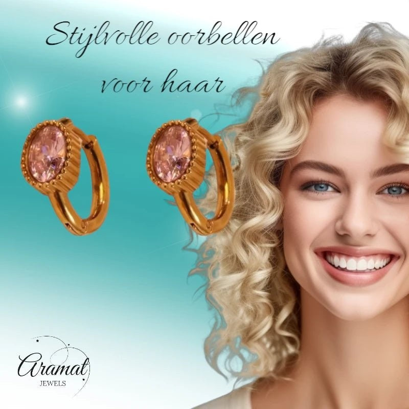 Mini Oorringen Goudkleurig – Roze Zirkonia – 15mm - oor6332 - 642324 - Oorringen kopen# - 15mm - alles - cadeau