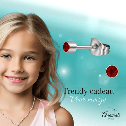 Mini oorstekers granaatrood kristal – 3mm RVS - Aramat Jewels - Oorbellen - cadeautip