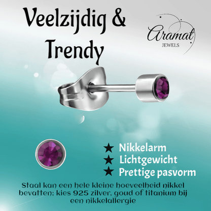 Mini oorstekers lavendel kristal – 3mm RVS - Aramat Jewels - Oorbellen - cadeautip
