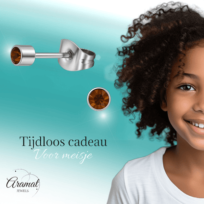 Mini oorstekers topaasbruin kristal – 3mm RVS - Aramat Jewels - Oorbellen - cadeautip